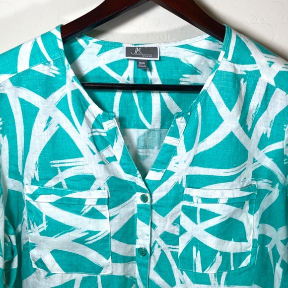 JM Collection Linen Roll-Tab Sleeve Abstract Print Top Plus Size 16W Aqua White - Picture 3 of 15
